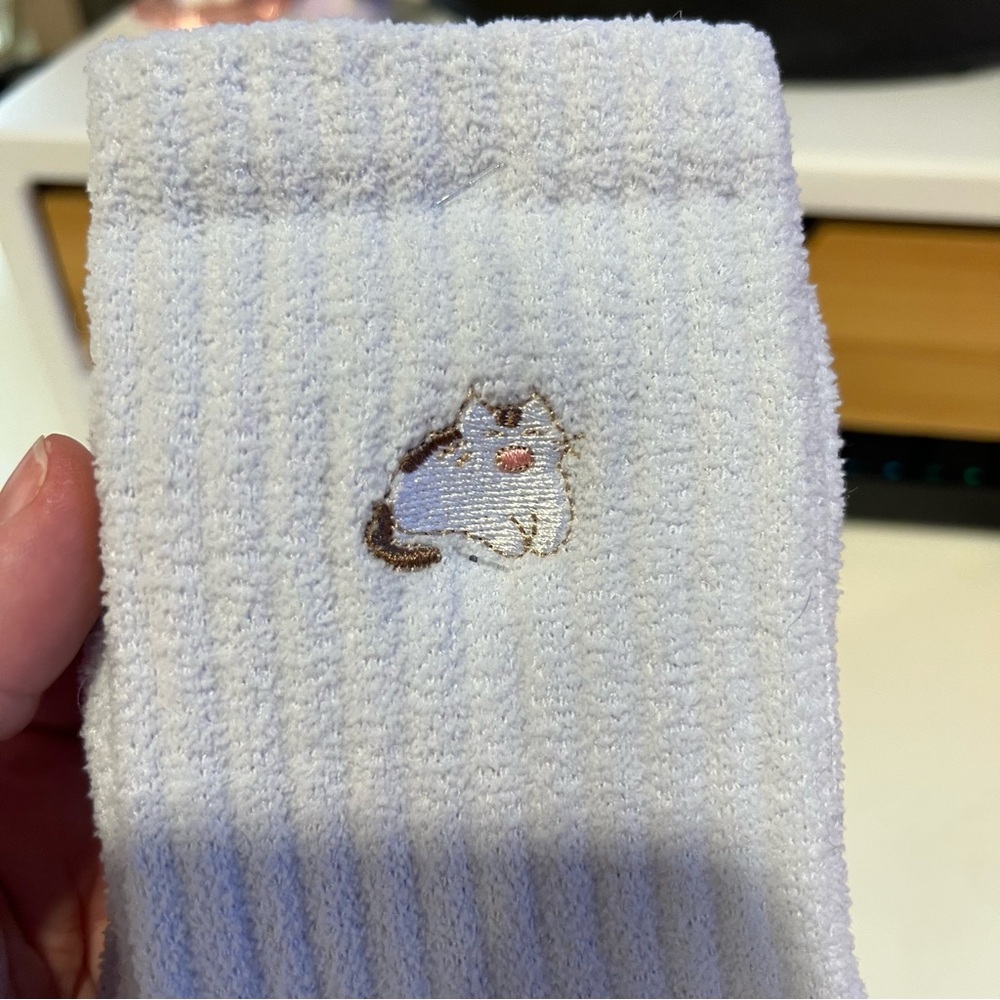Pale Blue Socks with Cute Cat Embroidery